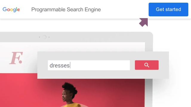 Pagina Google Programmable Search Engine cu butonul **Get Started** în partea dreapta sus a paginii