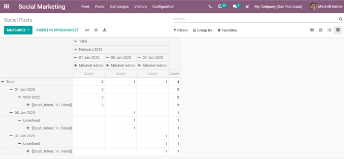 View of the pivot option on the posts page in Odoo Social Marketing.