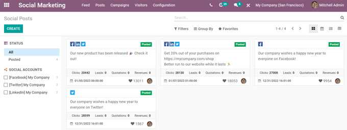 Vizualizare Kanban a paginii de postări din aplicația Odoo Social Marketing.