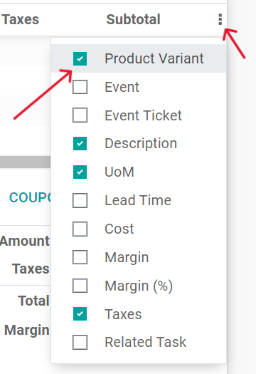 Product variant column option in order lines tab of quotation.