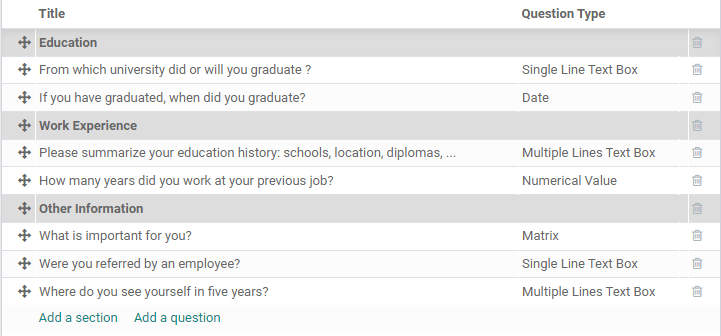 A sample of categories and questions for a candidate.