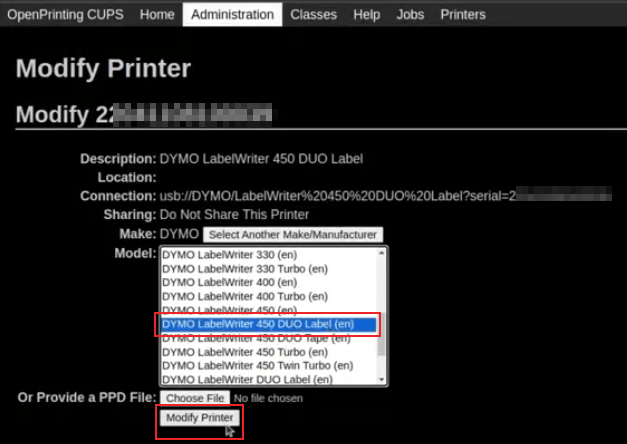 Setting the printer model page with DYMO LabelWriter 450 DUO Label (en) highlighted.