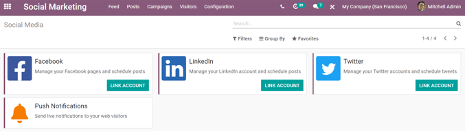 View of the social media page in the Odoo Social Marketing application.