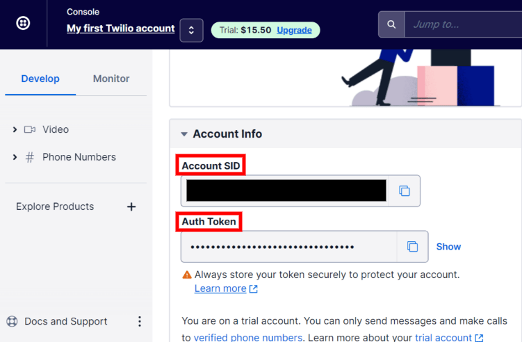 Twilio Account SID și Auth Token pot fi găsite în secțiunea Account Info.