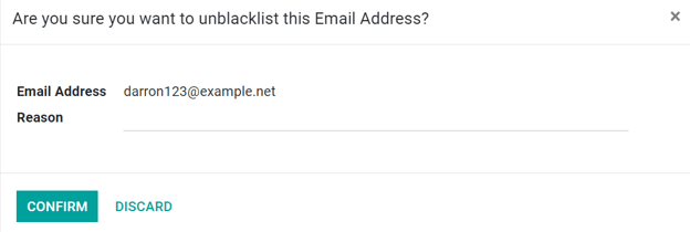 View of the unblacklist pop-up window in the Odoo Email Marketing application.