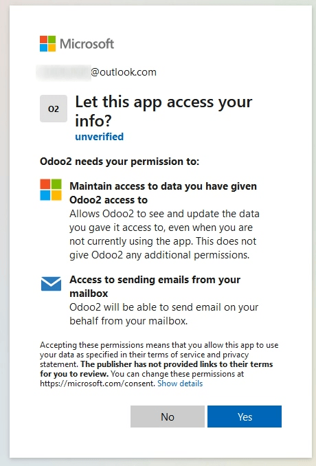 Pagina de permisiune pentru a acorda accesul între aplicația nou creată și Odoo.