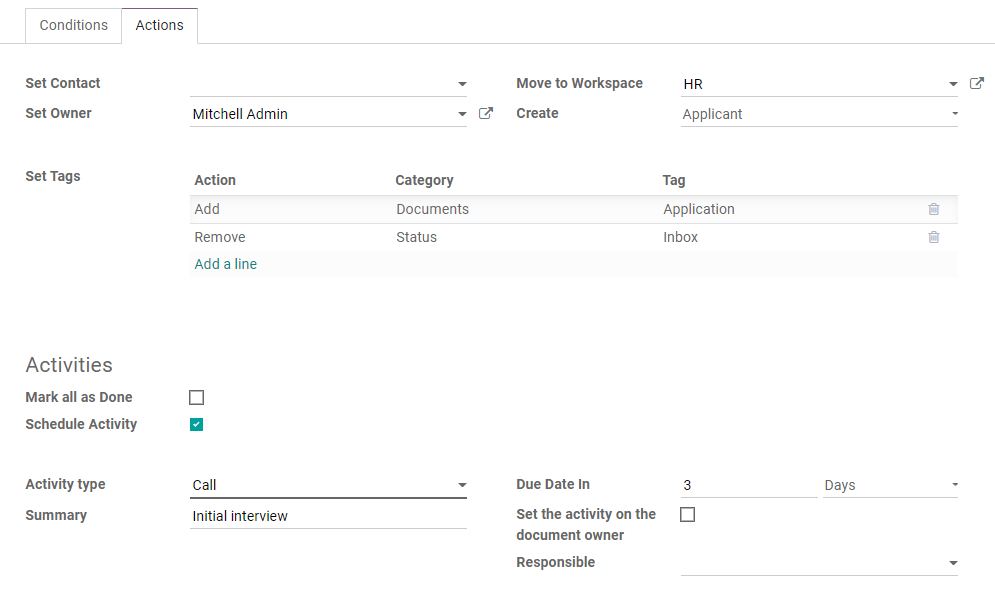 Example of a workflow action Odoo Documents