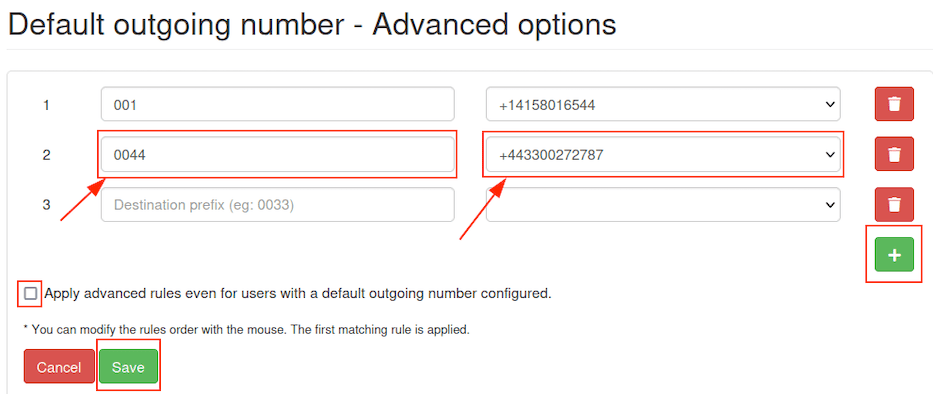 Advanced options for the default outgoing number.
