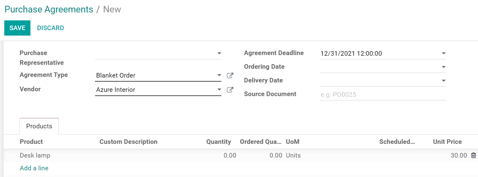 Set up a blanket order in Odoo Purchase