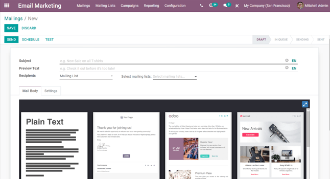 View of a blank email detail form in Odoo Email Marketing application.