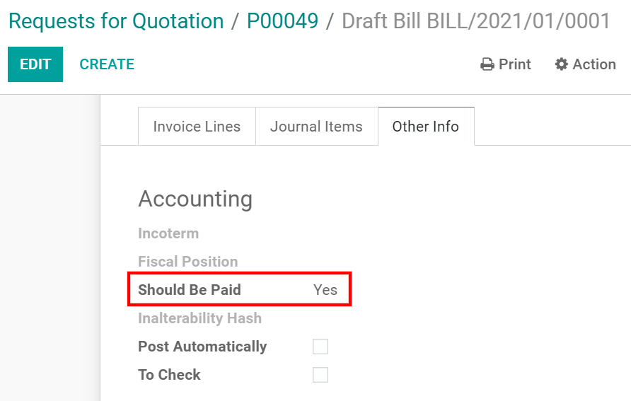 Should Be Paid field under a vendor bill in Odoo Purchase