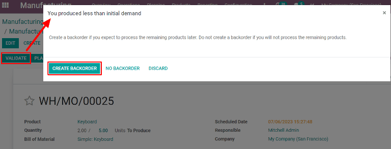 The Create Backorder button on the "You produced less than initial demand" pop-up window.