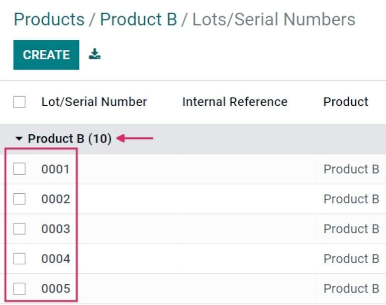 List of serial numbers for product.