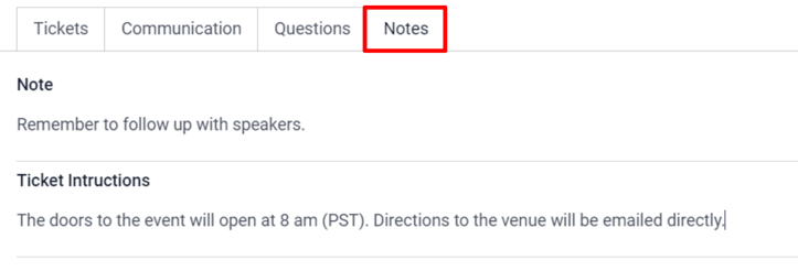 View of the Notes tab in Odoo Events.