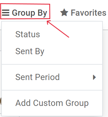 View of the Group By drop-down menu on the Odoo Email Marketing application.