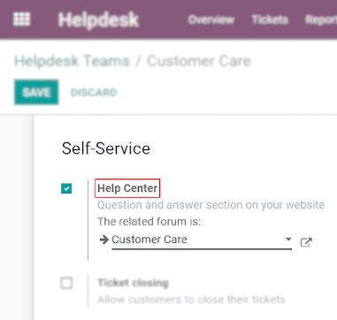 Overview of the settings page of a helpdesk team emphasizing the help center feature in Odoo Helpdesk