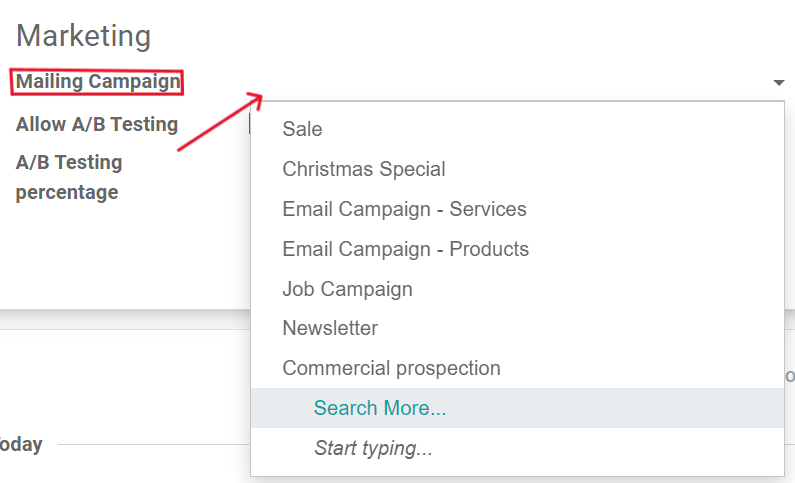 View of a mailing campaign drop-down menu in Odoo Email Marketing application.