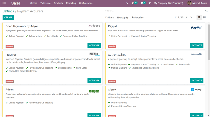 Payment acquirers page in the Odoo Sales application.