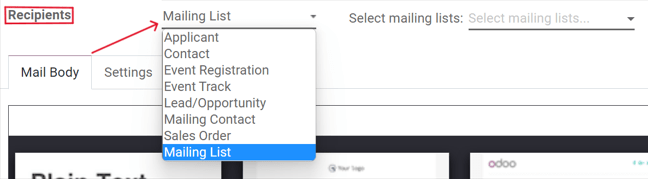 View of recipients drop-down menu in the Odoo Email Marketing application.