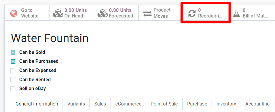 Access reordering rules for a product from the product page in Odoo.