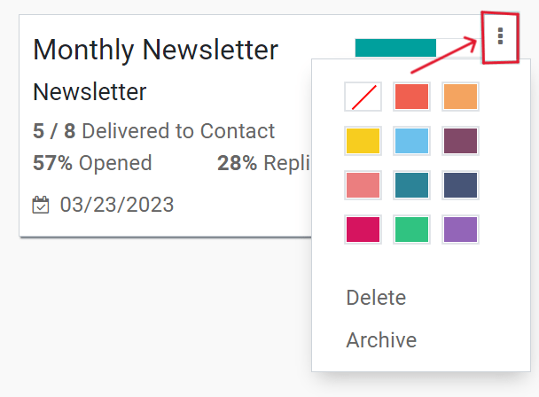 View of the three-dot drop-down menu on the Odoo Email Marketing dashboard.