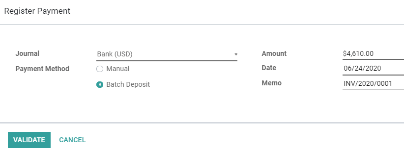 在Odoo会计应用程序中将客户付款登记为批量存款的一部分