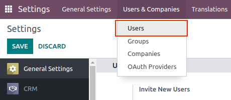Users menu in the Users & Companies section of the Settings app of Odoo.