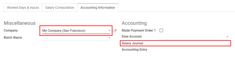 The necessary fields for a new payslip in the Accounting Information tab.