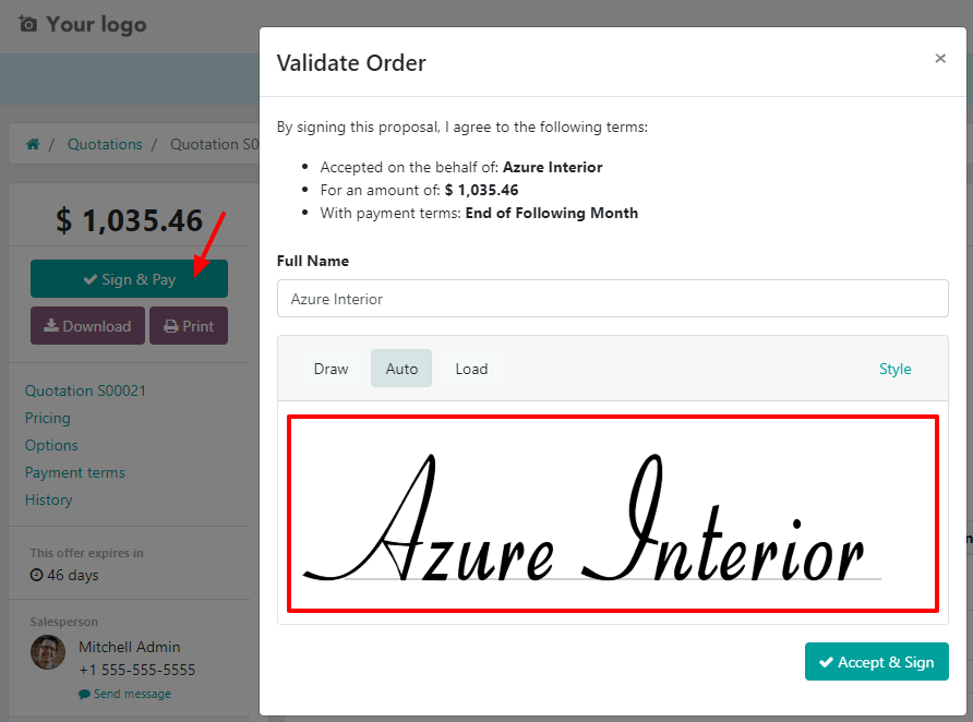 How to confirm an order with a signature on Odoo Sales.