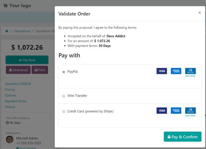 How to register a payment on Odoo Sales.