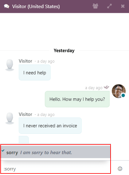 View of a chat window and the use of a canned response in Odoo Live Chat.