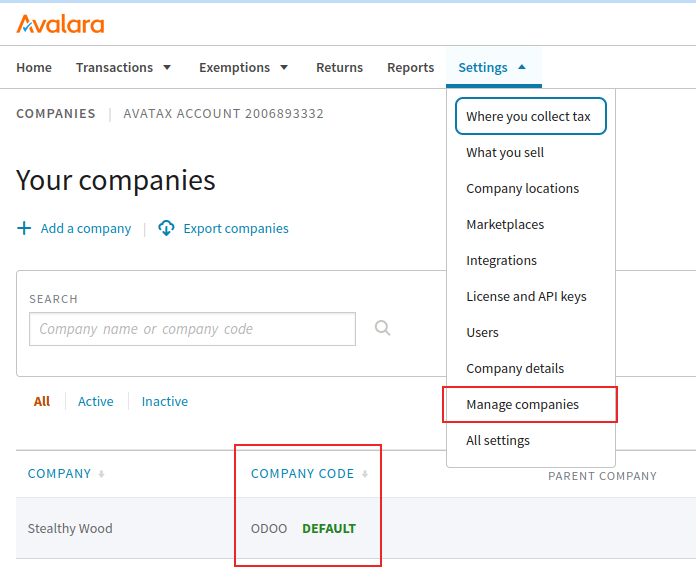AvaTax company code highlighted on the company details page.
