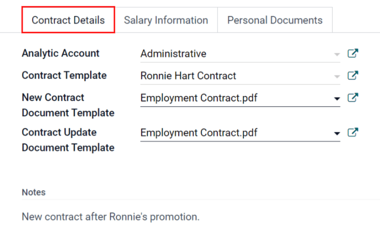 Contract details in optional tabs for a new contract.