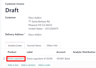 Down payment as a product in the invoice lines tab of a customer invoice draft in Odoo.