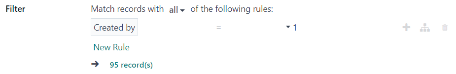 How the filter rule equation fields look in Odoo Marketing Automation campaigns.