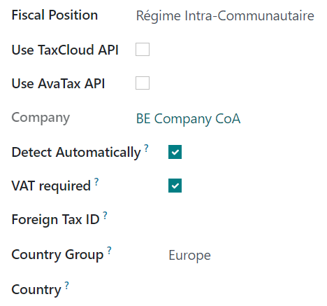 Example of settings to apply a Fiscal Position automatically