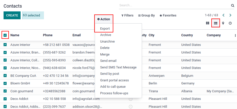 view of the different things to enable/click to export data