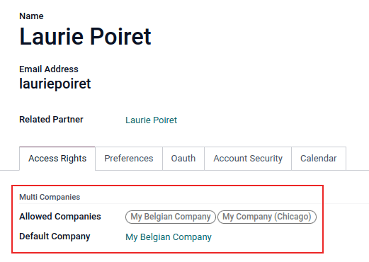 View of a user’s form emphasizing the multi companies field in Odoo