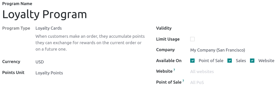 Program options on the loyalty program form.