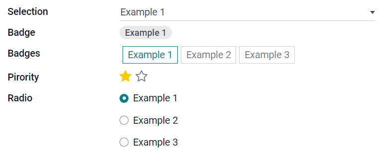 Examples of Selection fields with different widgets