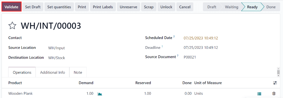 Validate the internal transfer to move the item to stock.