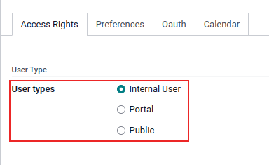 View of a user’s form in developer mode emphasizing the user type field in Odoo