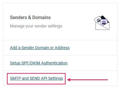 Link „Einstellungen zu SMTP und API SENDEN“ im Bereich Absender & Domains von Mailjet.