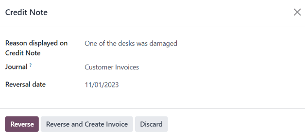 Typical credit note pop-up form that appears in Odoo Sales.