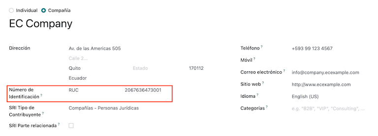 Unternehmensdaten für Ecuador in Odoo Kontakte einfügen.