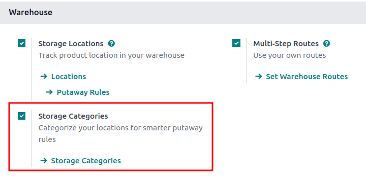 Anzeige der Funktion „Lagerkategorien“.