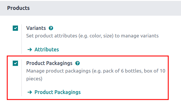 Aktivierung von Verpackungen durch Auswahl von „Produktverpackungen“.