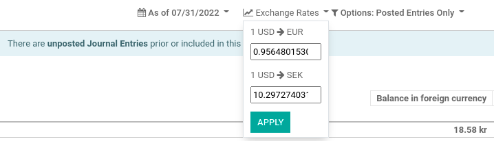 Menü, um Wechselkurse manuell zu ändern.