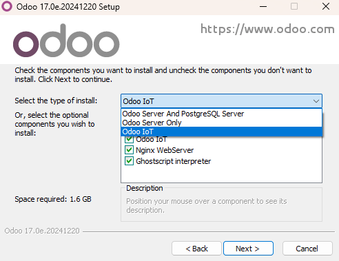 Auswahl des „Lokalen Proxy-Modus“ während der Installation von Odoo Community.