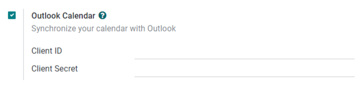 Die Einstellung „Outlook-Kalender“ aktiviert in Odoo.